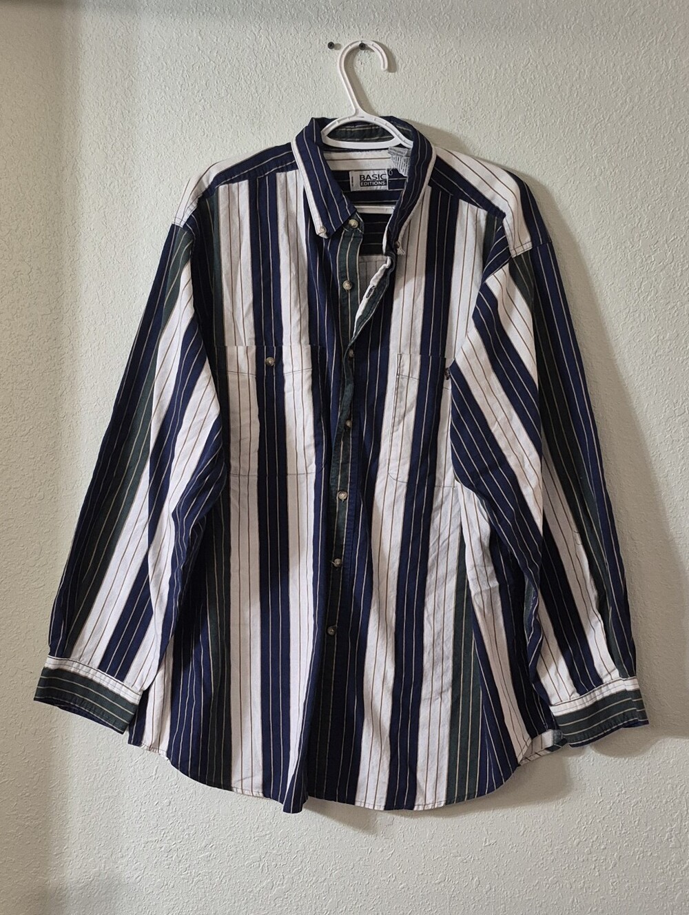 Basic Editions Navy,green And White Vertical Stripe Button-Down Shirt